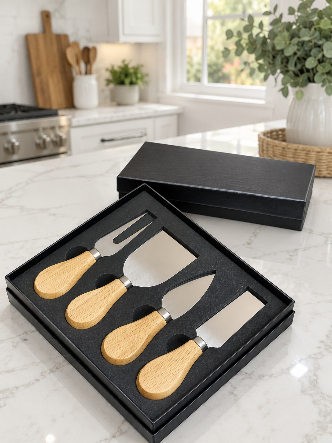 4 Piece Cheese Knife set with beech wood handles in black gift box